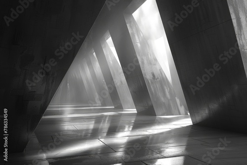 Mystical rays of light piercing through geometric concrete slits casting shadows and light patterns