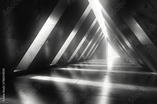 A monochrome image of sunlight streaming through geometric shapes in a modern concrete structure © evannovostro