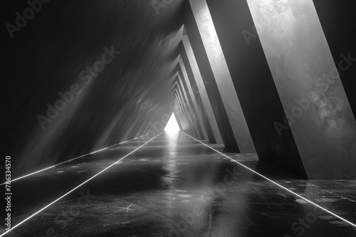 This black and white image presents a corridor fading into the vanishing point, accentuating the long perspective lines