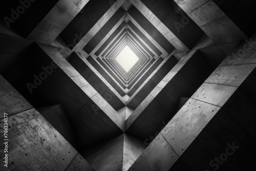 A unique perspective looking up in an angular concrete shaft with symmetric design and light at the end