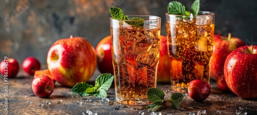 Fresh apple juice in glass with mint leaves on blurred background, copy space available