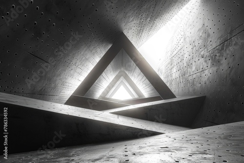 An artistic grayscale image featuring a concrete triangular tunnel and a burst of sunlight at the apex