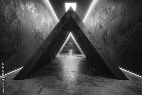 A visually captivating image showing an infinite perspective of a triangle-shaped tunnel with a contrasting white light
