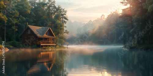 The first rays of dawn gently illuminate a serene cabin by a calm lake, nestled among whispering trees in a tranquil forest setting.