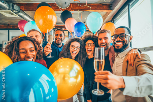 Group of successful multiethnic business team celebrating a triumph with balloons and champagne glasses in startup office.
