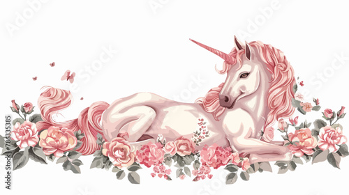 Pretty Pink Unicorn Lying On Ornate Flower Garland vector