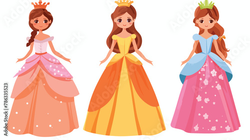 Princess girl in beautiful dress with crowns. Vector illustration