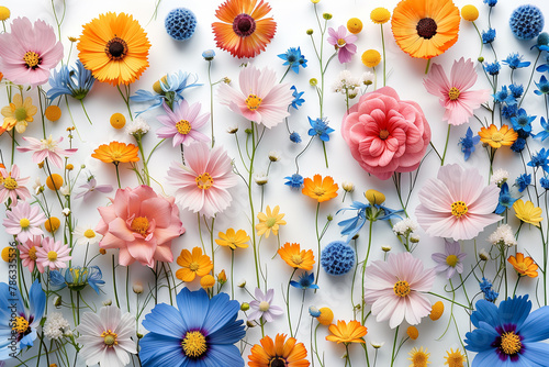Colorful flower background on white background, top view