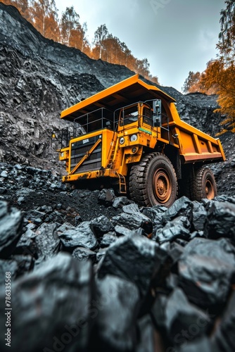 Large yellow coal mining truck in open pit quarry for extractive industry operations © Ilja