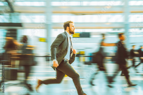 Obraz na płótnie Handsome businessman rushing in airport to catch a flight with blurry people around him. w salonie