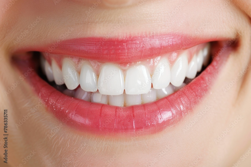 Closeup portrait of a smiling woman with white teeth and pink lips expressing happiness and confidence Closeup portrait of a smiling woman with white teeth and pink lips expressing happiness and confidence