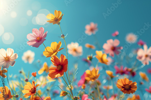 Spring abstract background of fresh colorful meadow flowers in the air. On clear blue sky
