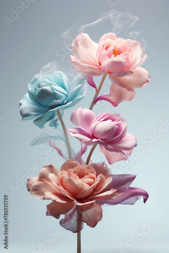 Dreamy floral design with pastel flower bouquet on a bright blue background. Minimal colorful romantic spring concept.