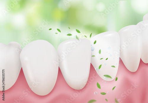 Mouth smells fresh because the teeth are strong, white and clean. Vector illustration advertising toothpaste, mouthwash, dental floss.