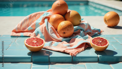 Sunny summer day by the swimming pool with coral beach towel and fresh juicy oranges. Relaxing vacation concept.