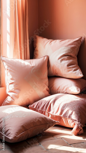 Sunlit puffy coral pink pillows against peachy wall. Cozy and soft decorative pillows for relaxation. Minimal and contemporary interior design.