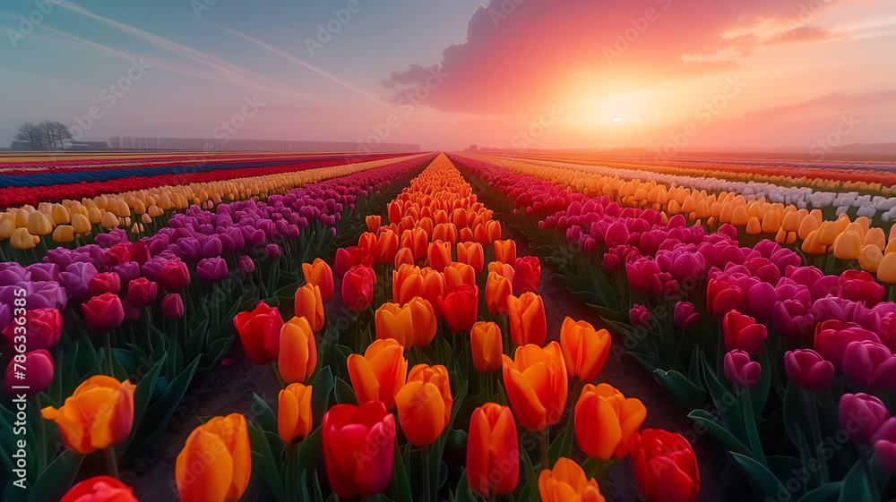 Blooming tulip fields in the Netherlands for Springtime, illustration