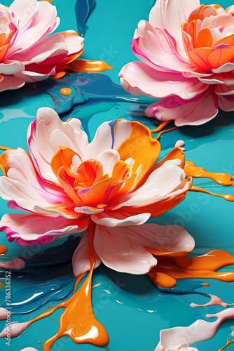 Close-up of vibrant colorful acrylic paint in a shape of blooming flower petals on a blue background. Bold surreal floral design.