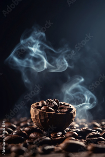Close-up of coffee beans against black background surrounded with white smoke. Dark and moody minimal espresso concept with creative copy space.