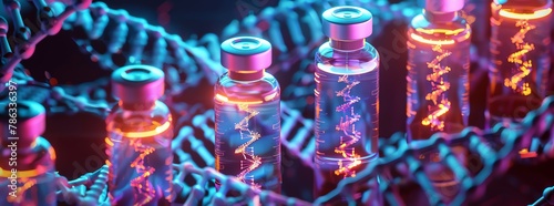 Biopharmaceuticals depicted as glowing vials amidst a backdrop of DNA strands, the fusion of biology and technology, life-saving and bright,  photo