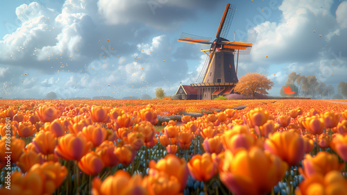 Blooming tulip fields in the Netherlands for Springtime, illustration #786336501