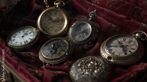 Antique Pocket Watches Displayed Velvet Cushion Detailed Shot.