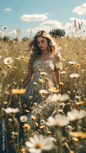 Beautiful girl with blonde wavy hair in a meadow with wild flowers in a summer dress. Sunny spring or summer day nature aesthetic.