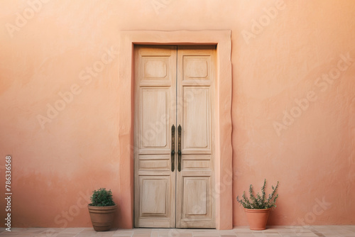 Rustic beige wooden door with two flower pots with green herbs against coral street wall. Minimal vintage architecture concept. Creative copy space.