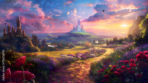 Enchanting Panoramic View of the Vibrant Landscape of Oz with the Emerald City and Yellow Brick Road