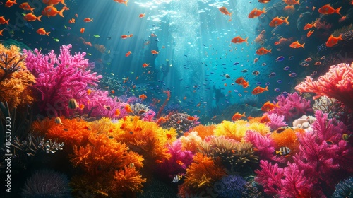 Vibrant underwater landscape of a coral reef teaming with colorful marine life © Yusif