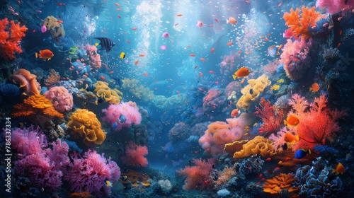 Vibrant underwater landscape of a coral reef teaming with colorful marine life