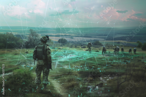 digital reconstructions of battlefield scenarios, highlighting the strategic planning involved in military operations in high tech style. photo