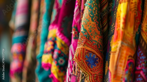 Colorful ethnic garments hanging rich textures
