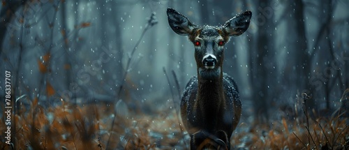 Enigmatic Deer with Crimson Gaze in Misty Forest. Concept Enigmatic Deer, Crimson Gaze, Misty Forest photo