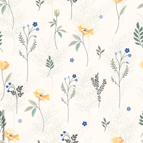 Seamless pattern with flowers, branches and berries in vector.