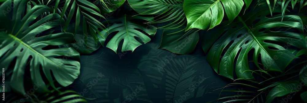 Exotic tropical forest lush palm leaves and trees in a wild jungle nature panorama wallpaper Exotic tropical forest lush palm leaves and trees in a wild jungle nature panorama wallpaper
