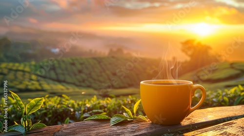 Smiling cup in sunrise tea fields backdrop