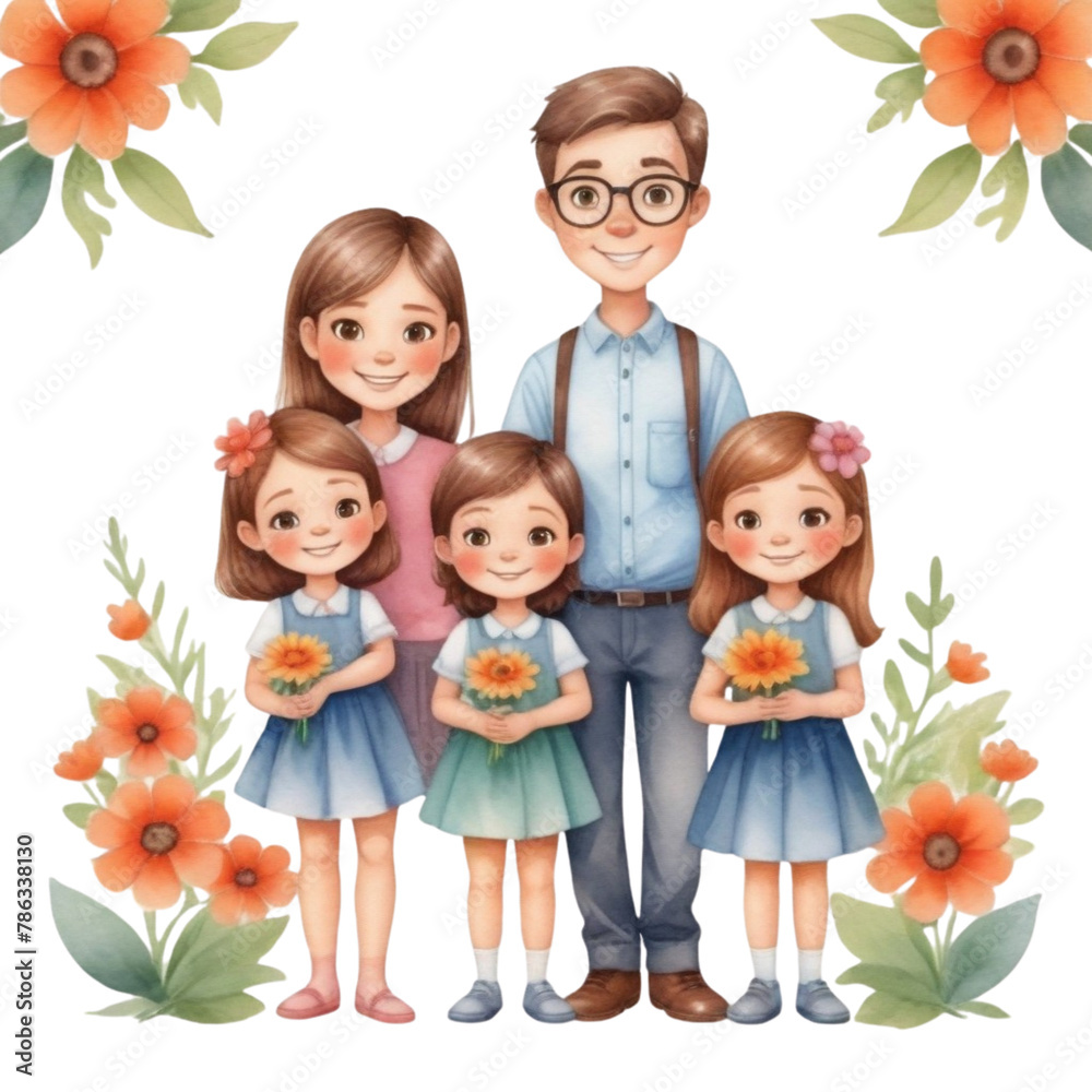 watercolor teacher with full family with flowers on Isolated transparent background png. generated with AI watercolor teacher with full family with flowers on Isolated transparent background png. generated with AI
