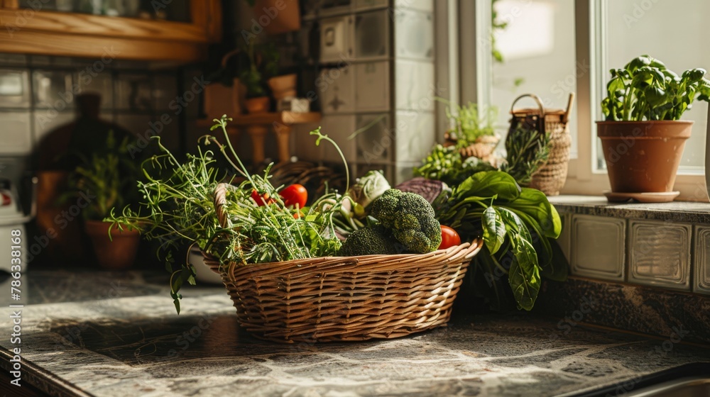 Farm-Fresh Vegetable and Herb Selection in Rustic Basket for Cooking