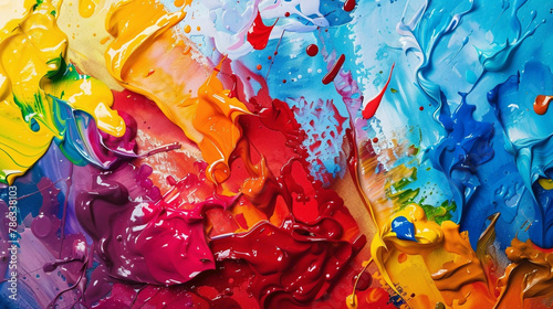 Vivid splashes of various paint colors on a canvas. photo