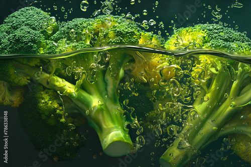 Broccoli in water with bubbles photo