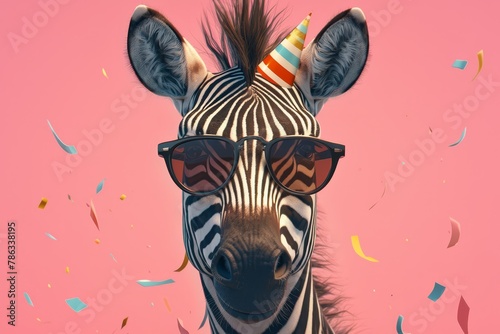 zebra wearing sunglasses and a party hat on pastel background  representing the fun spirit for birthday or other events. 