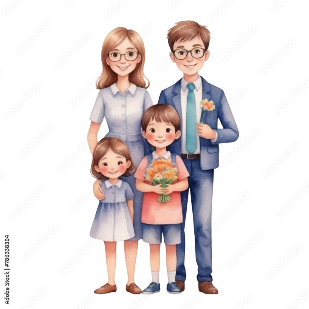 watercolor teacher with full family with flowers on Isolated transparent background png. generated with AI watercolor teacher with full family with flowers on Isolated transparent background png. generated with AI