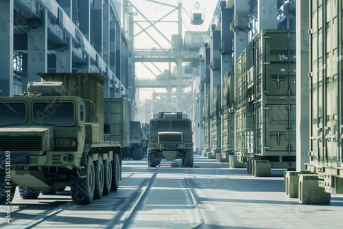 digitally rendered logistics systems, showcasing the efficiency and precision of military supply chains in high tech style.