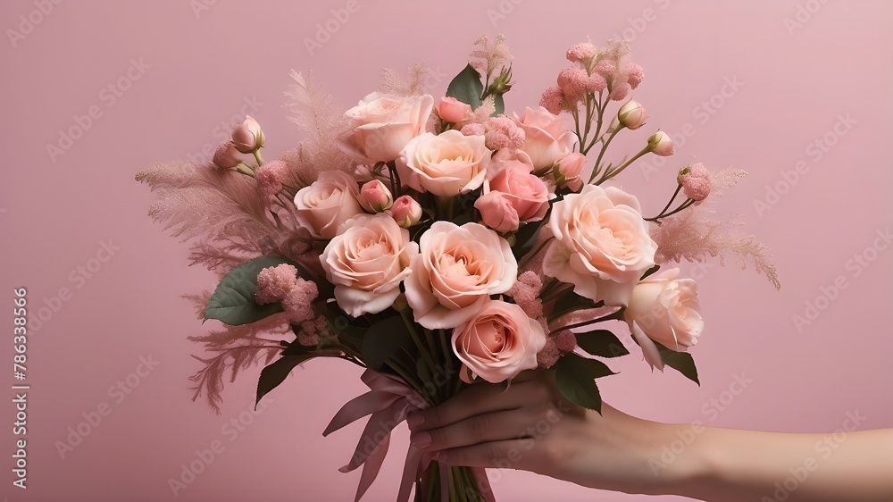 A pink background with a hand clutching a bouquet of flowers. The fur-constructed flowers are put in a bouquet. The bouquet is being held by the hand. A pink background with a hand clutching a bouquet of flowers. The fur-constructed flowers are put in a bouquet. The bouquet is being held by the hand.