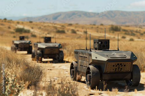 digital representations of unmanned ground vehicles, showcasing their role in reconnaissance and patrol missions in high tech style. photo