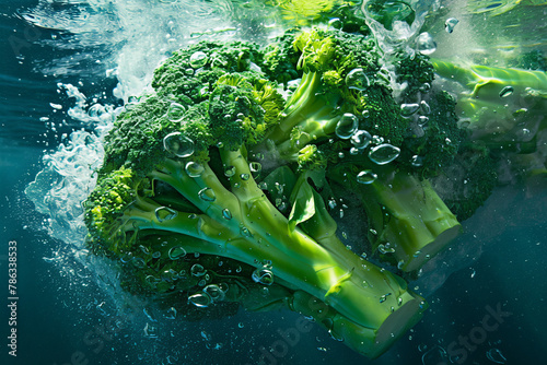 Broccoli florets floating in water photo