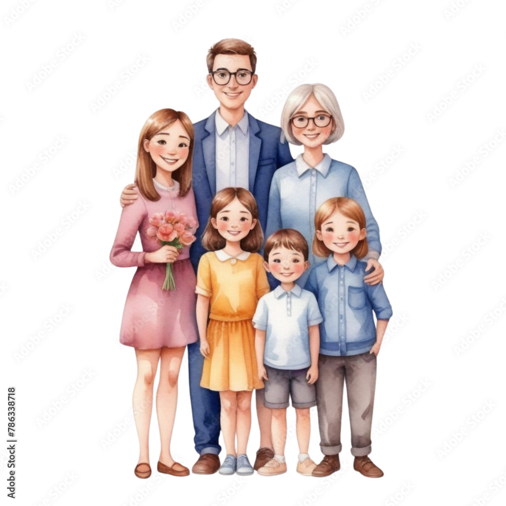 watercolor teacher with full family with flowers on Isolated transparent background png. generated with AI watercolor teacher with full family with flowers on Isolated transparent background png. generated with AI