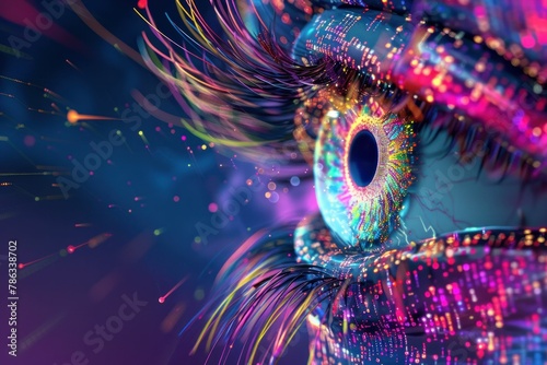 Close up of a woman's eye with colorful lights and glowing aura around it in artistic abstract concept portrait photo
