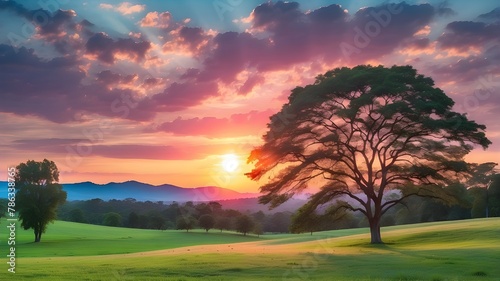 A gorgeous sunset with a full sun overhead. A landscape of verdant grass and trees encircles the sun. The blue and pink hues of the sky combine to create